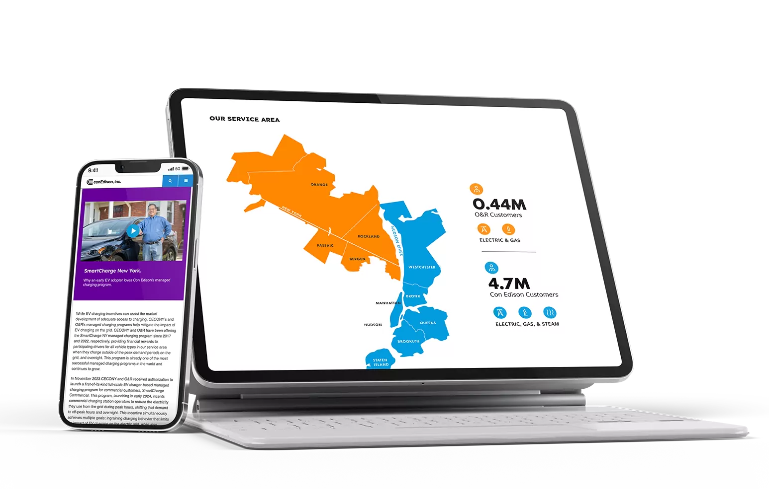 Tablet and phone showing two different areas of the new ConEdison Sustainability Report