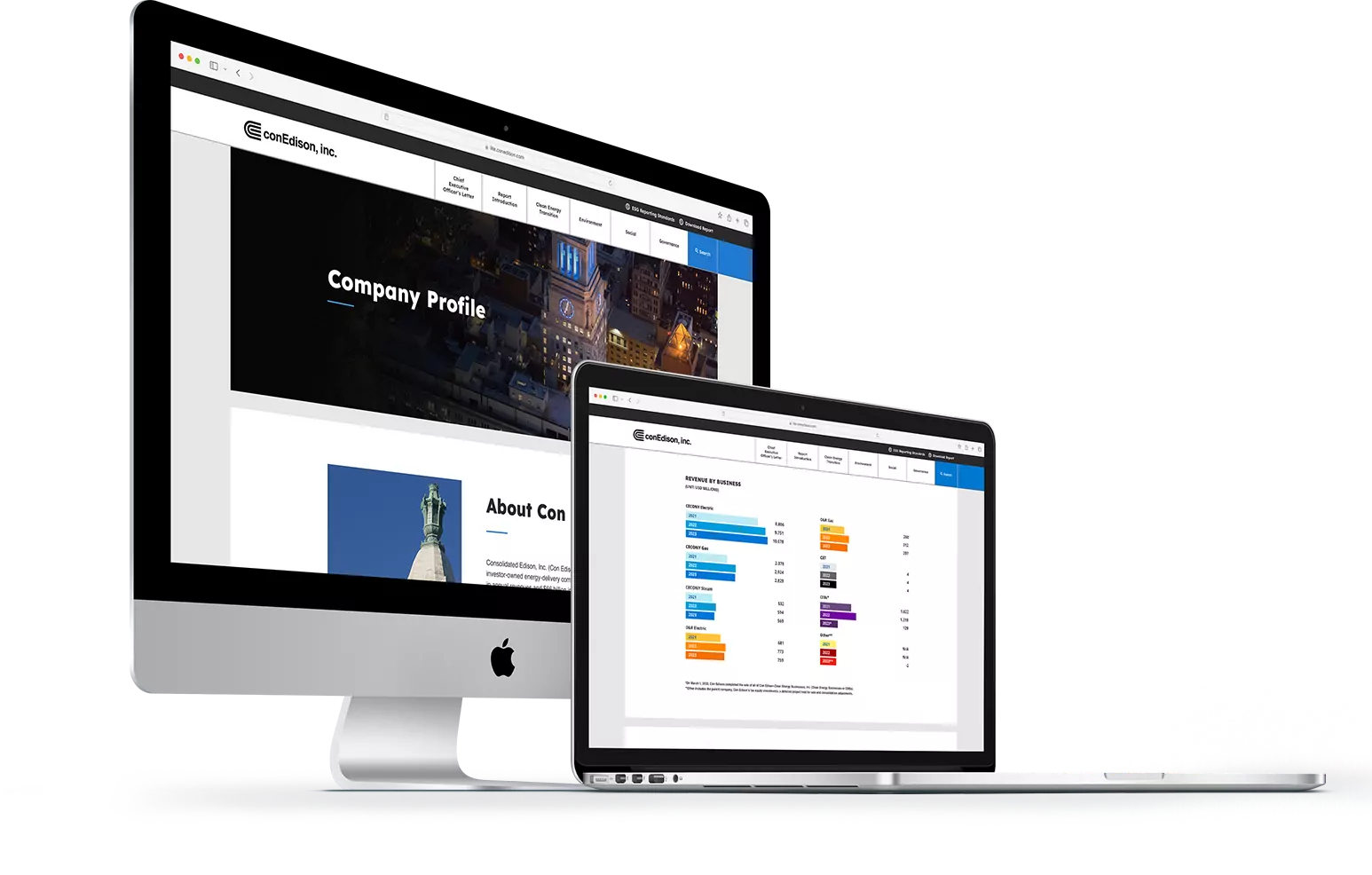 Image showing a desktop and laptop presenting different sections of the Con Edison Sustainability Report site.