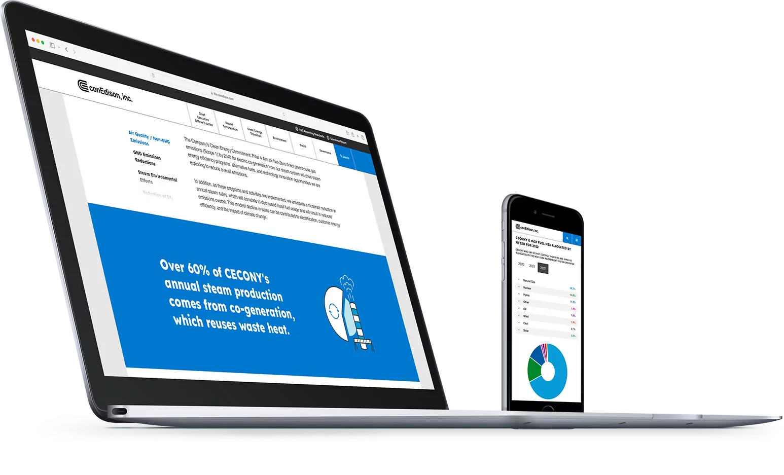 Image showing the Con Edison Sustainability Report site on a laptop and phone, showing different graphic elements of the Con Edison Sustainability Report site.