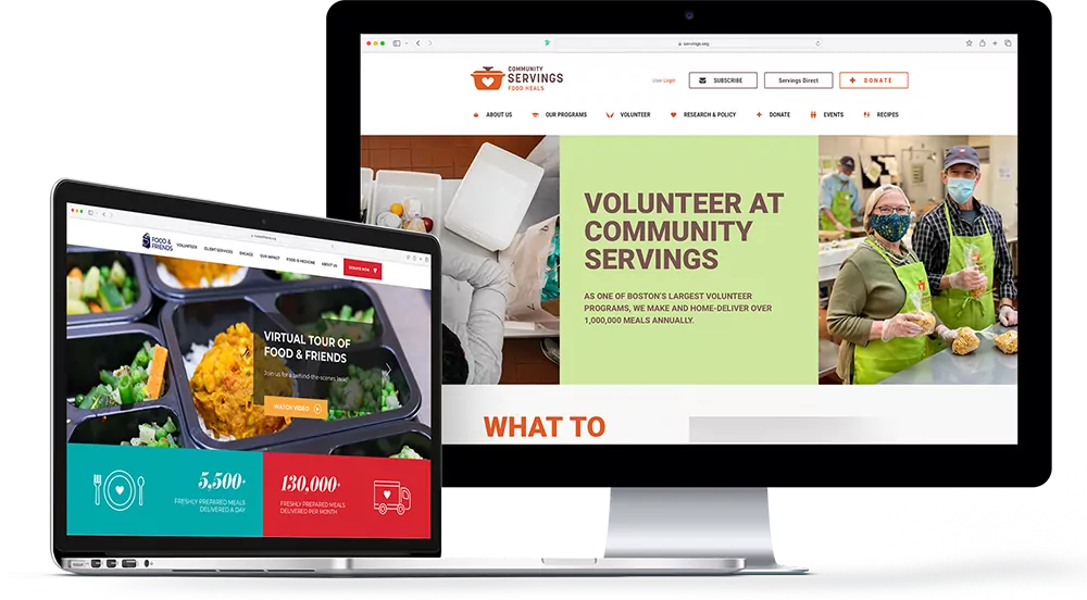 Laptop and a desktop showing the Food & Friends and Community Servings websites.