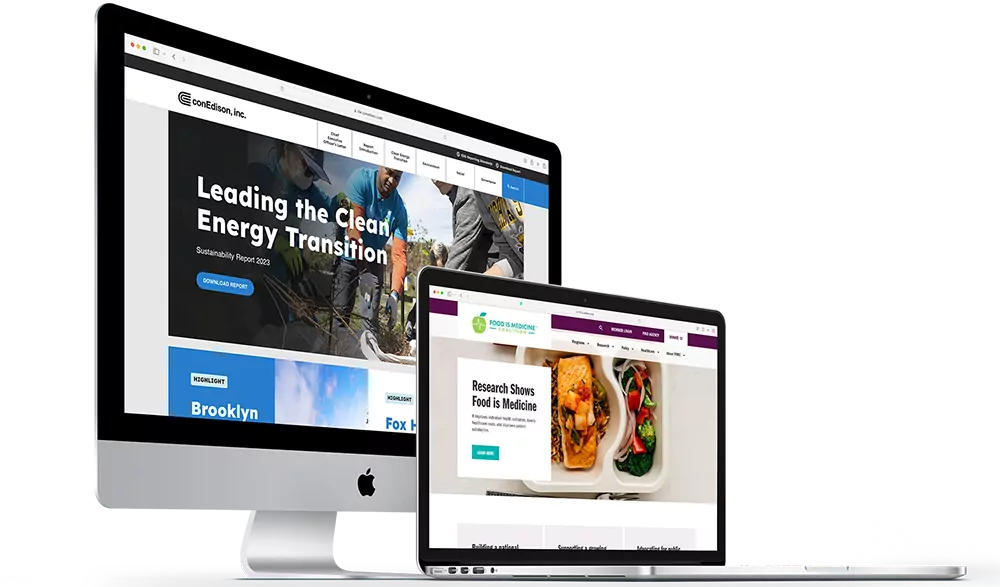 Image showing a desktop and a laptop visiting the Con Edison Sustainability Report and the Food Is Medicine Coalition websites.