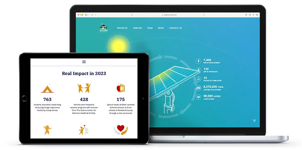 A horizontal tablet and a laptop showing the Alfred E. Smith Foundation and the Walden Renewables websites.