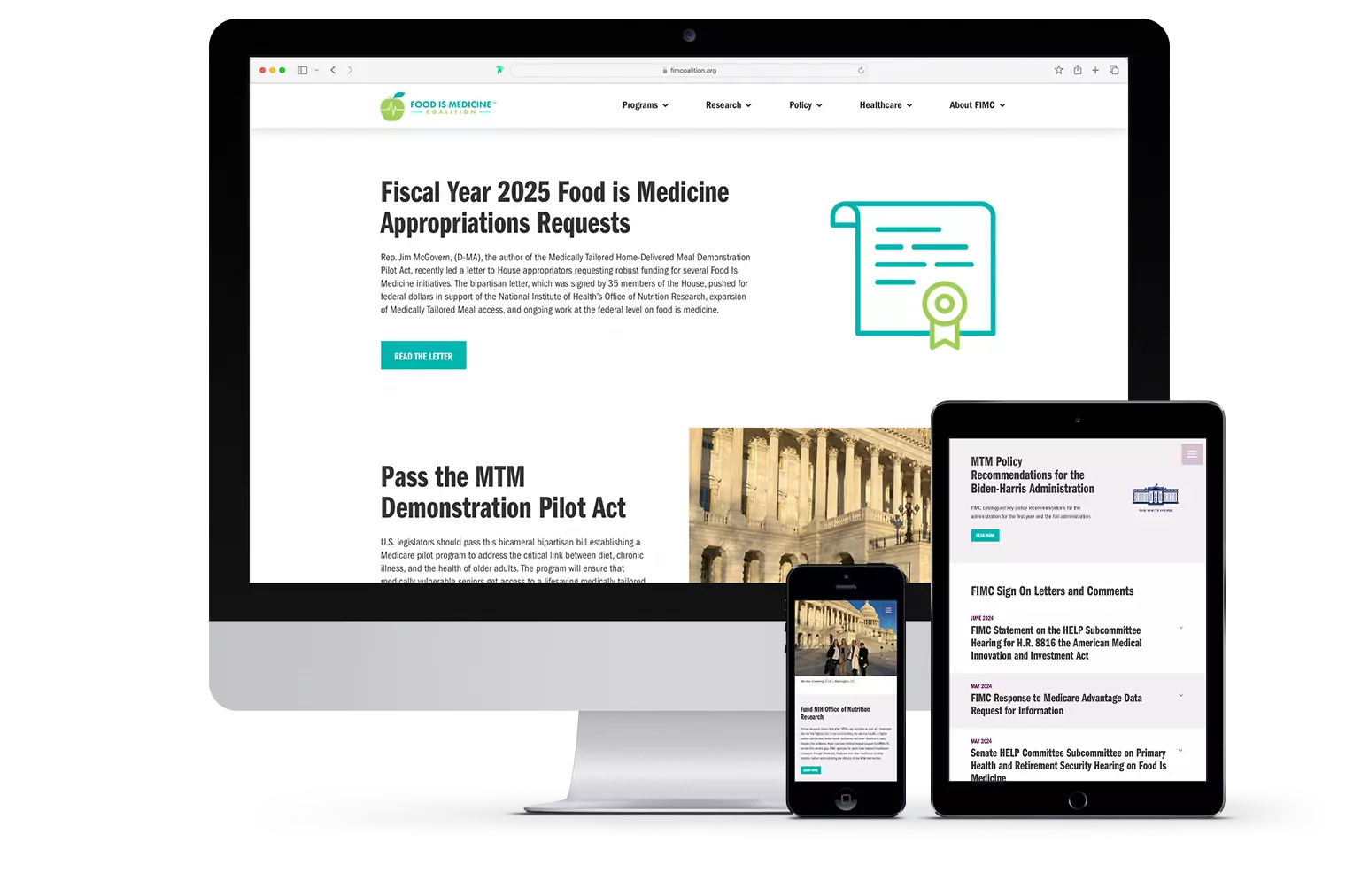 Desktop, tablet, and phone all showing different pages of FIMC's new website, highlighting the device responsiveness of the new website
